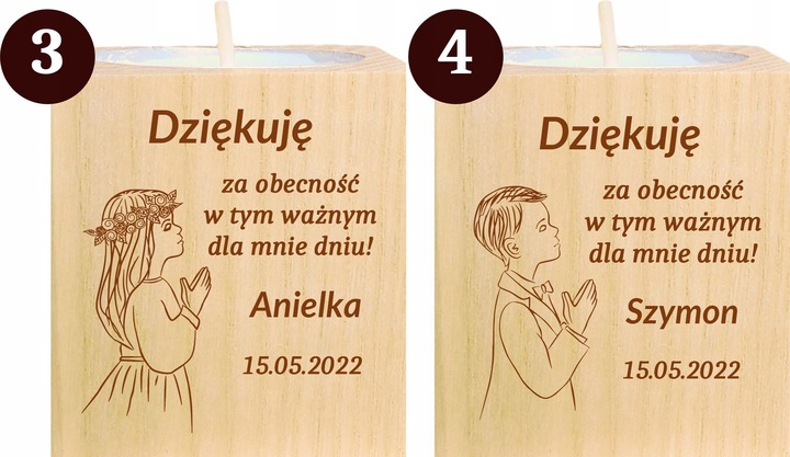 Podziękowanie dla Gości Komunia Chrzest piękny świecznik 10 szt grawer