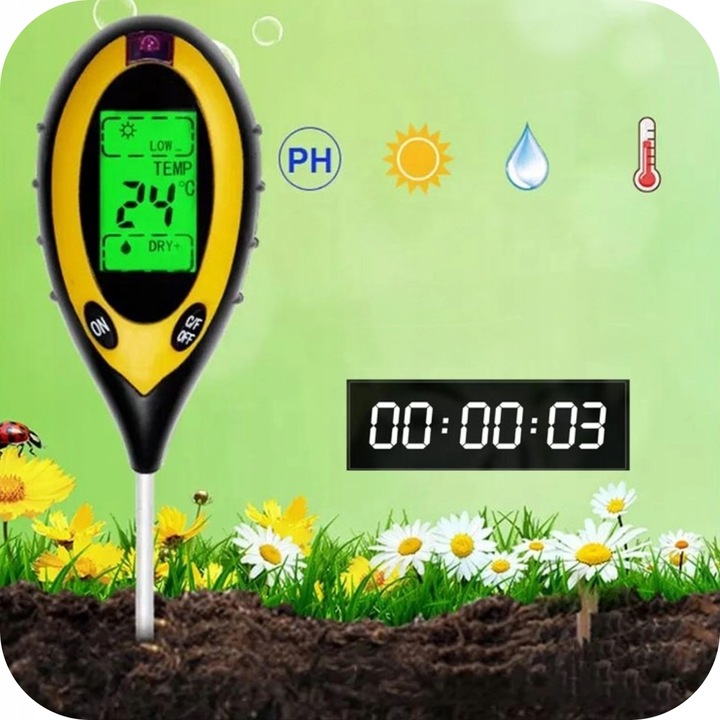 KWASOMIERZ GLEBOWY 4w1 MIERNIK DO GLEBY PH WILGONOŚĆ ZIEMI TESTER OGRODOWY