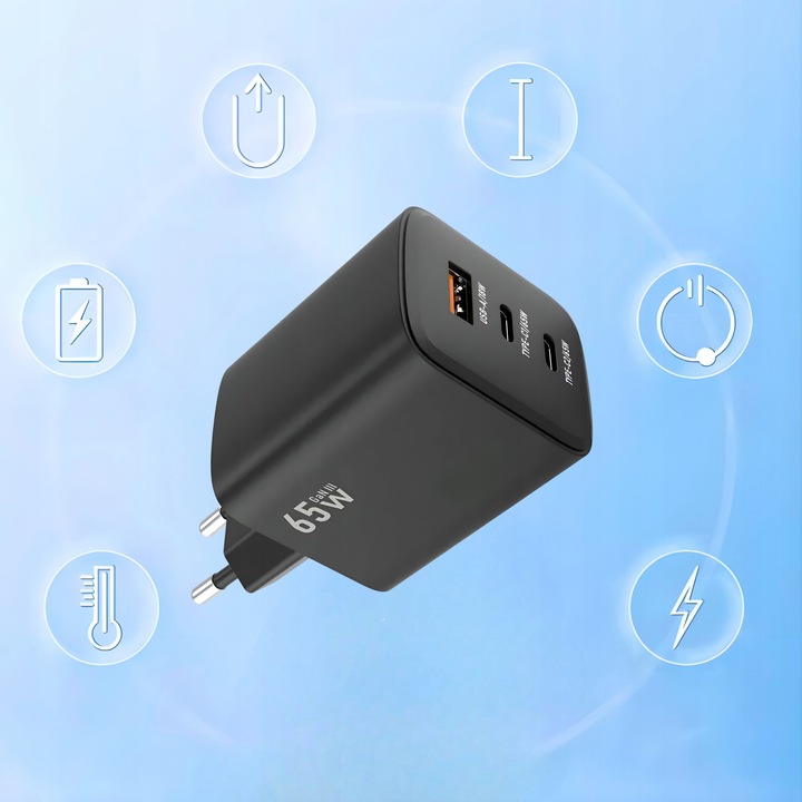 ŁADOWARKA SIECIOWA SZYBKA 65W GaN USB 2x USB-C PD QC 4.0 MOCNA UNIWERSALNA
