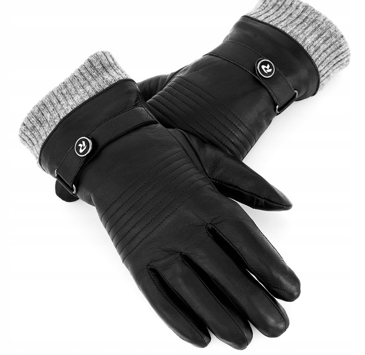 RĘKAWICZKI REVERSE SKORZANE MĘSKIE CZARNE ZE ŚCIĄGACZEM SKÓRA NAT.