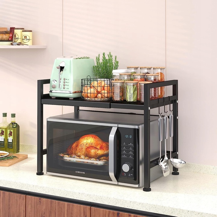 Półka Stojak Nad Mikrofalówkę Z 6 Hakami Organizer Kuchenny Czarny