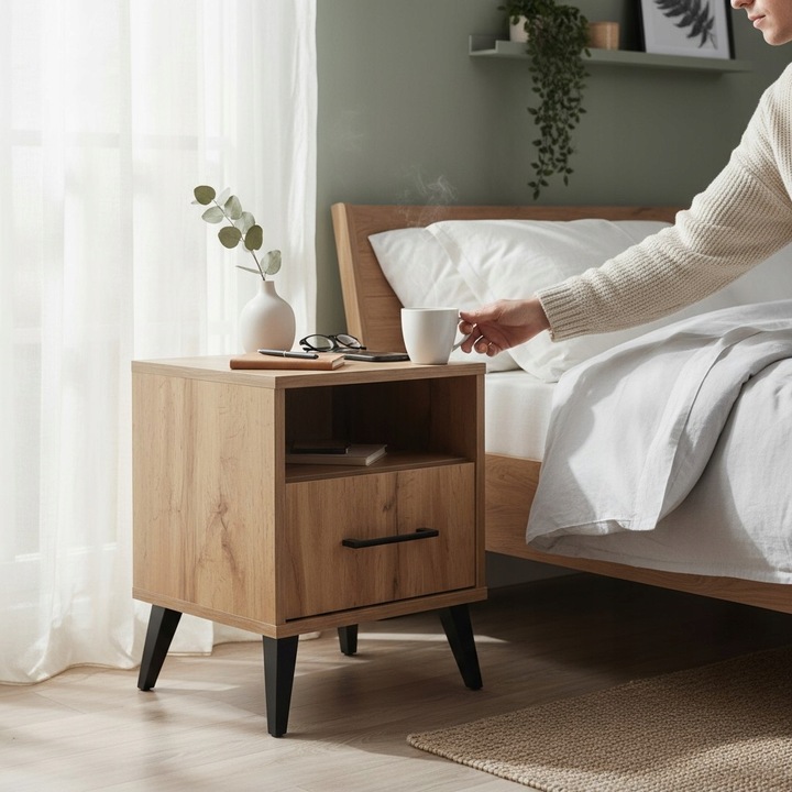 Stolik Nocny z Szufladą Oświetlenie LED Szafka Nocna złożona Loft DĄB