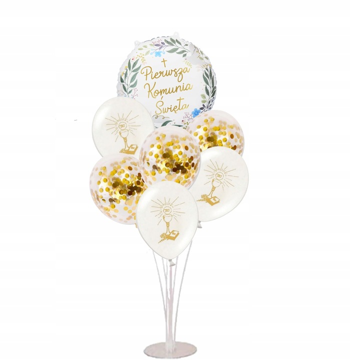 Balony z konfetti złote dekoracje ozdoby komunijne stojak boho na I