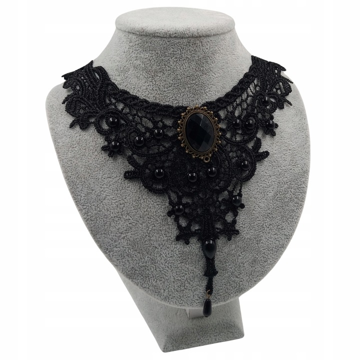 Naszyjnik gotycki koronkowy czarny choker kamień