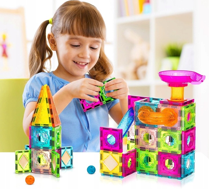 KLOCKI MAGNETYCZNE DLA DZIECKA 3D EDUKACYJNE DUŻE ŚWIECĄCY TOR KULKOWY 68EL