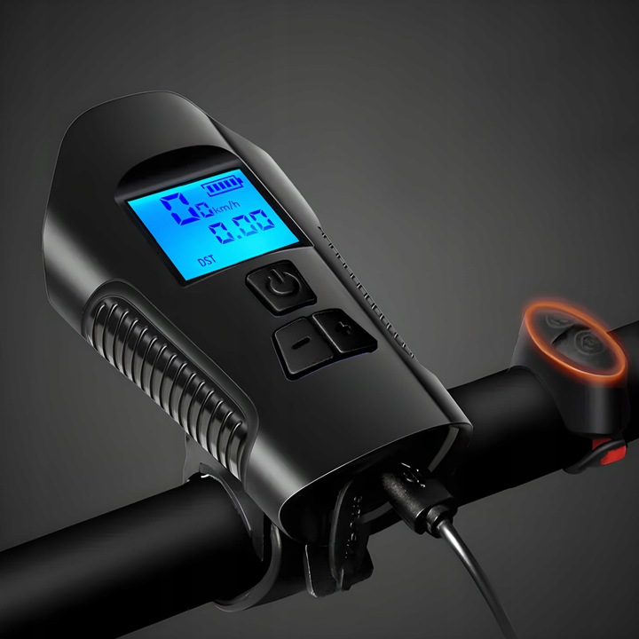 LAMPKA ROWEROWA LED LICZNIK KM PRĘDKOŚCIOMIERZ DZWONEK PRZÓD + TYŁ