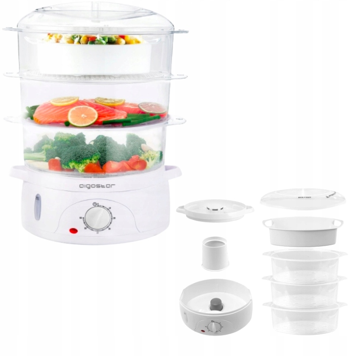 PAROWAR ELEKTRYCZNY DO GOTOWANIA NA PARZE 800W 9L MINUTNIK BIAŁY 3 X