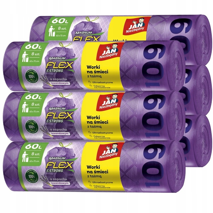 6X WORKI NA ŚMIECI Z TAŚMĄ 60L 6X8 SZT LAWENDOWE MAGNUM FLEX JAN