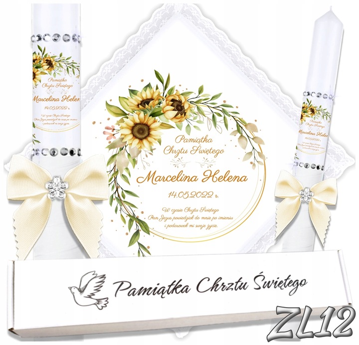 Biała szatka i świeca do chrztu ECO imię i data BOHO gromnica pudełko