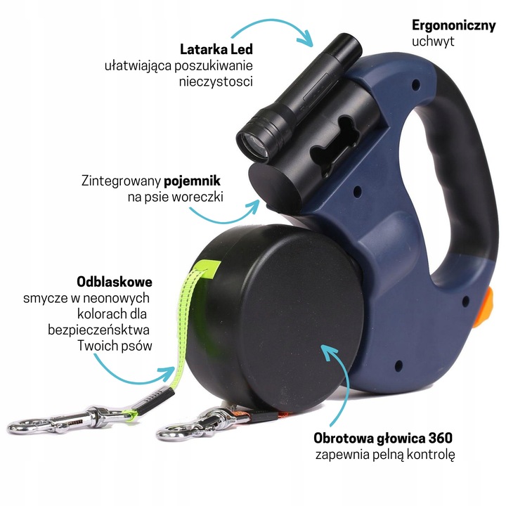 Smycz dla dwóch psów / na dwa psy linki 3 m, latarka i pojemnik na worek