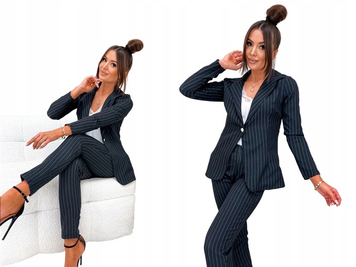 DAMSKI GARNITUR KOMPLET MARYNARKA SPODNIE MATERIAŁ W TENIS PASKI