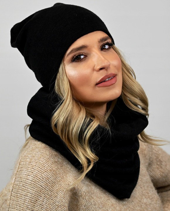 POLSKI Komplet CZAPKA + KOMIN Tunel Szal - CZARNY komplet damski na
