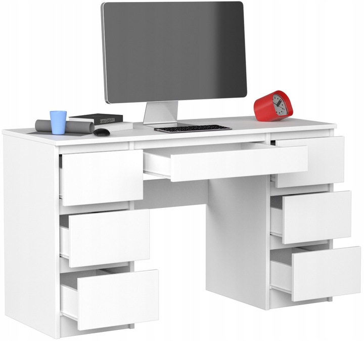 BIURKO KOMPUTEROWE 130CM 7 SZUFLAD BIAŁE BIAŁY DUŻE