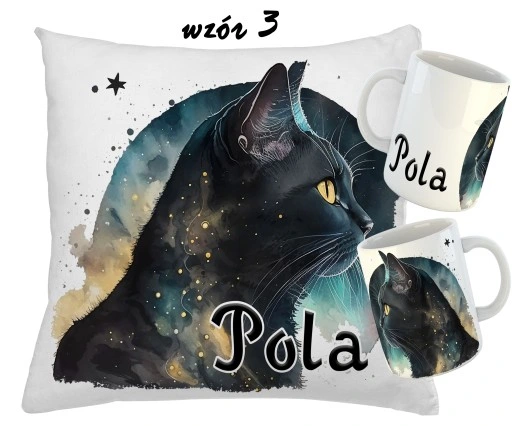 Zestaw KUBEK + PODUSZKA KOTY KOT + RÓŻNE WZORY + IMIĘ UNIKALNY WYJĄTKOWY