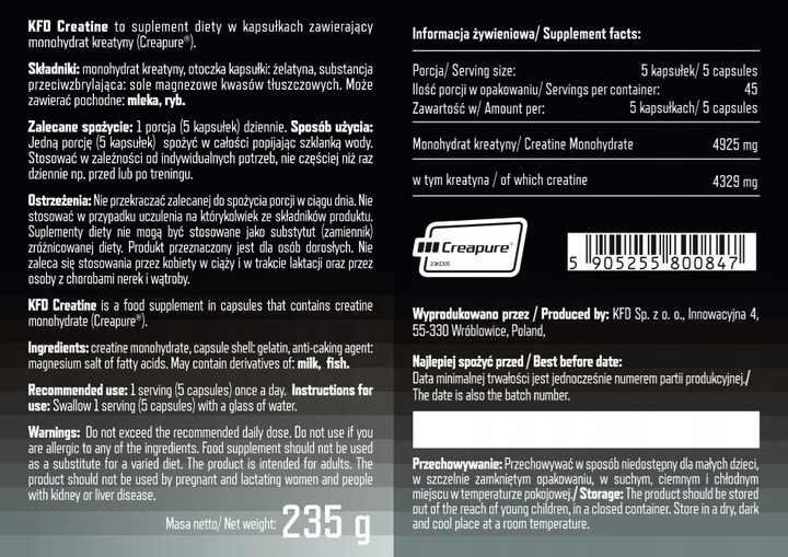 KFD ULTRA CREATINE - Creapure(R) - 225 kaps. ~1000 mg / 1 kaps.