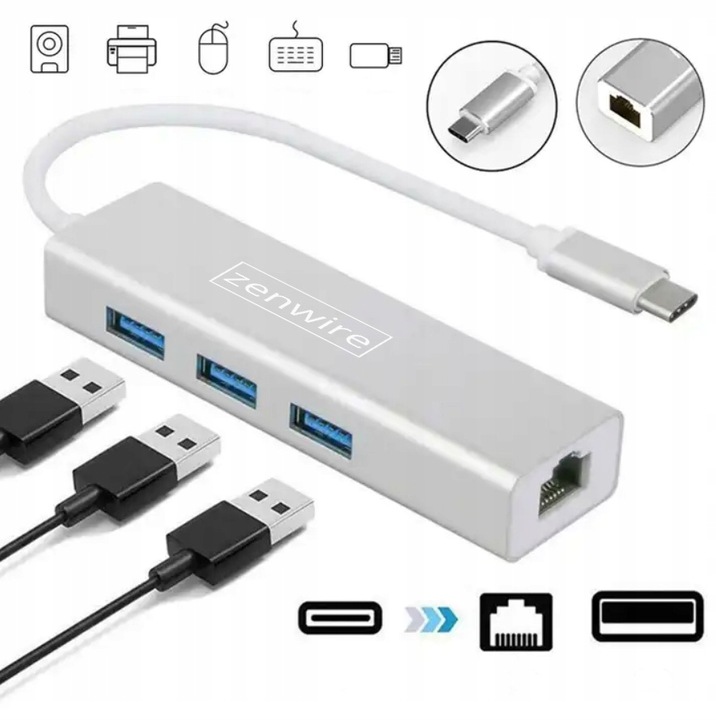 Przejściówka HUB USB-C Fast Ethernet 3x USB 3.0 RJ45 Adapter Kabel RJ-45
