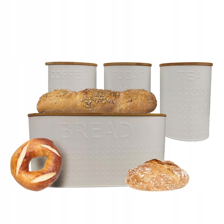 ZESTAW 5W1 CHLEBAK + POJEMNIKI NA KAWĘ CUKIER HERBATĘ DESKA KROJENIA CHZ03