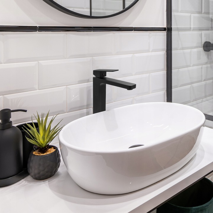 Bateria umywalkowa stojąca wysoka czarna nablatowa kran do umywalki