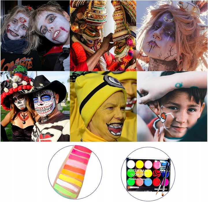 FARBY DO MALOWANIA TWARZY i CIAŁA ŚWIECĄCE W NOCY 15e. ZMYWALNE DLA DZIECI
