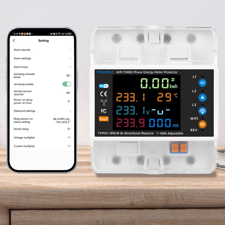 Licznik energii prądu 3-fazowy 2-kierunki PV przekaźnik 100A LCD WiFi