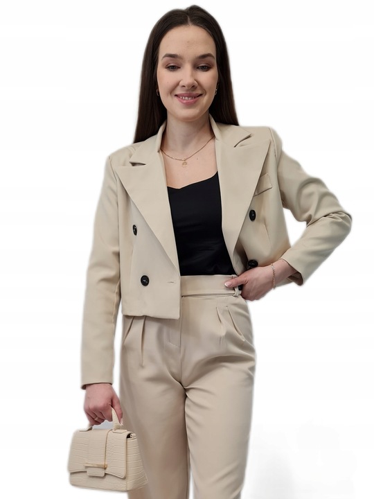 Modna MARYNARKA KRÓTKA Beżowa, Nowoczesny Żakiet Damski do Garnituru, r. L