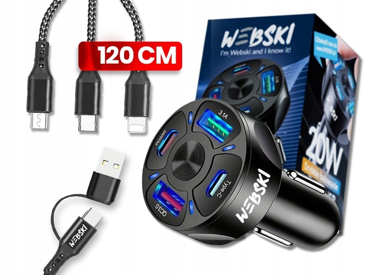ZESTAW ŁADOWARKA SAMOCHODOWA 6A 30W 2X USB 2 X USB-C Z KABLEM COMBO USB 6W1