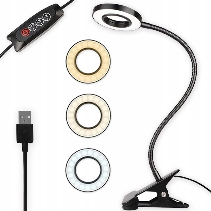 LAMPKA LED BIURKOWA KLIPS DO CZYTANIA USB 3 ODCIENIE ŚWIATŁA REGULACJA 360