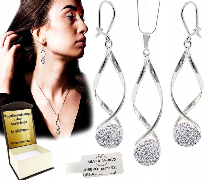 KOMPLET SREBRNY BIŻUTERII 925 DAMSKI Z CYRKONIAMI SWAROVSKI + GRAWER GRATIS