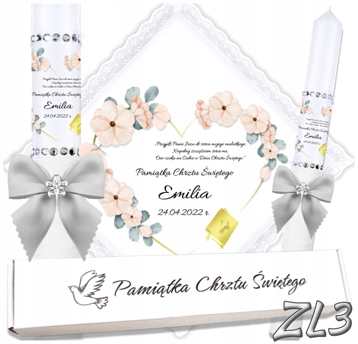 Biała szatka i świeca do chrztu ECO imię i data BOHO gromnica pudełko