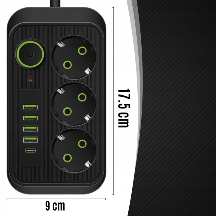 PRZEDŁUŻACZ LISTWA ZASILAJĄCA 1.8M 3 GNIAZDA 230V + 5X USB USB-C ŁADOWARKA