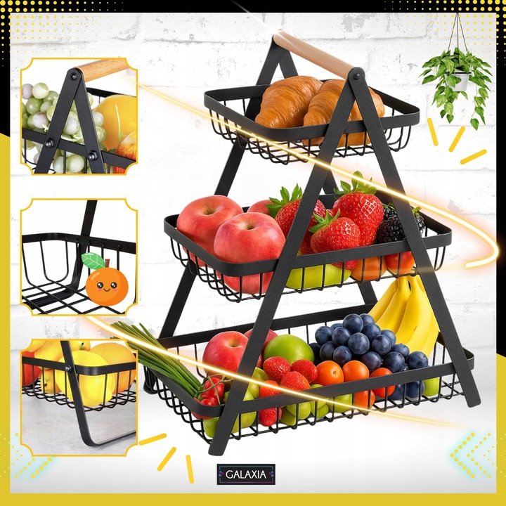 KOSZ NA OWOCE Koszyk na Warzywa Stojak Piętrowy Czarny 3 Poziomy