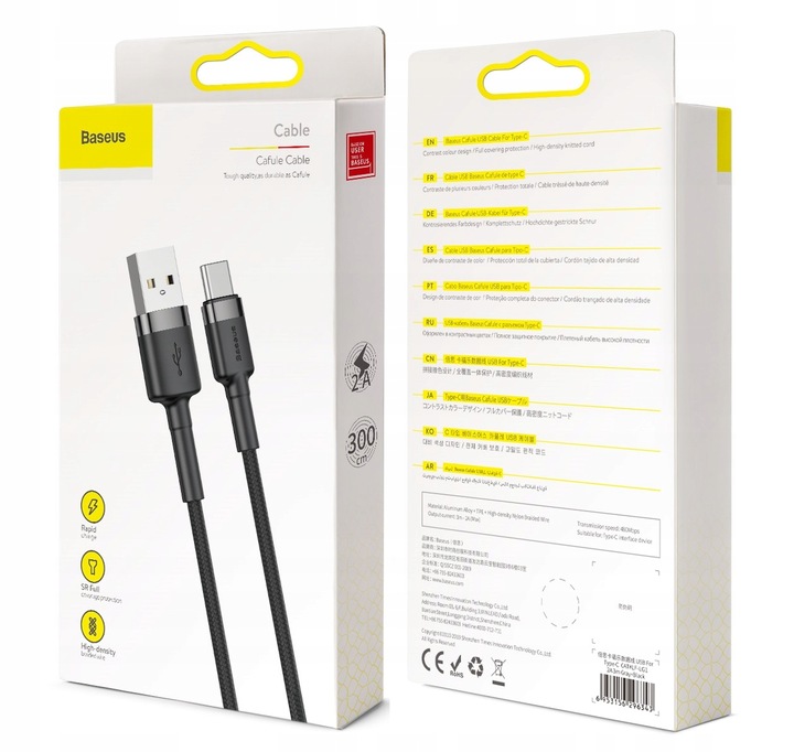 BASEUS MOCNY KABEL USB USB-C TYP-C PRZEWÓD OPLOT QUICK CHARGE 3.0 2A 3M