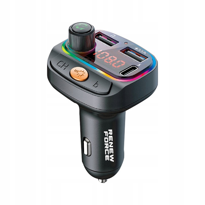 Transmiter bluetooth FM samochodowy SZYBKA ładowarka PD 24W QC3.0 USB-C RGB