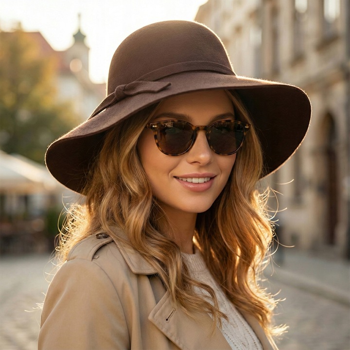 KAPELUSZ DAMSKI FILCOWY Z DUŻYM RONDEM BRĄZ BOHO brązowy