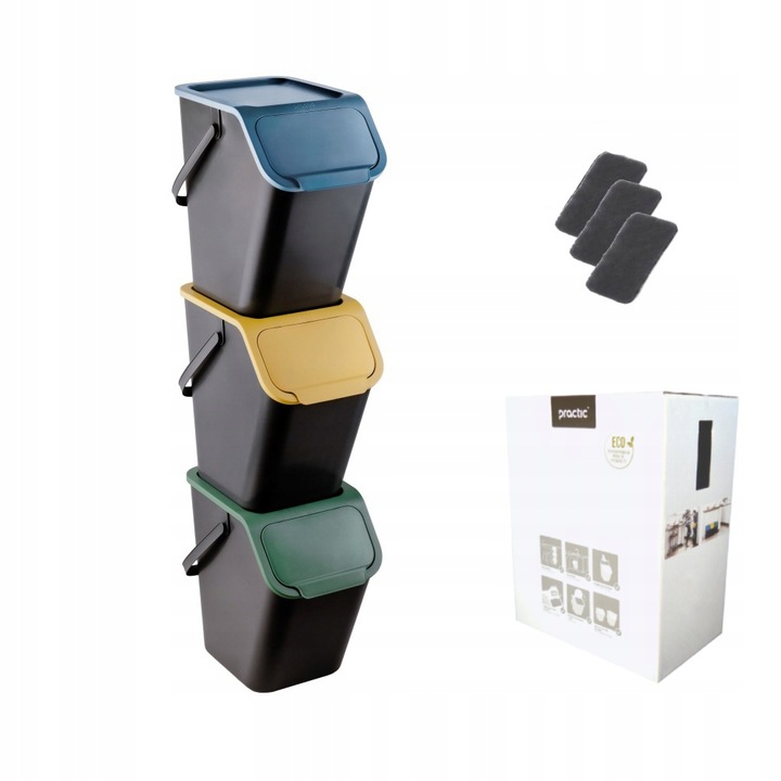 3x Kosz na Śmieci Pojemnik do Segregacji Odpadów do Kuchni BINI 25L +Filtry