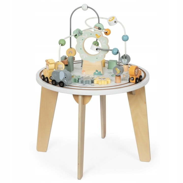 Drewniany okrągły stolik edukacyjny z magnetyczną kolejką i wyrzutnią