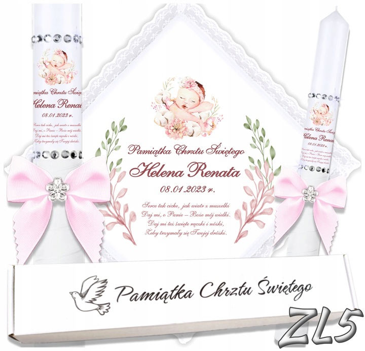 Biała szatka i świeca do chrztu ECO imię i data BOHO gromnica pudełko