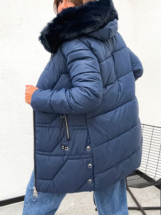 Ciepła zimowa długa kurtka damska pikowana granat 8377 roz S