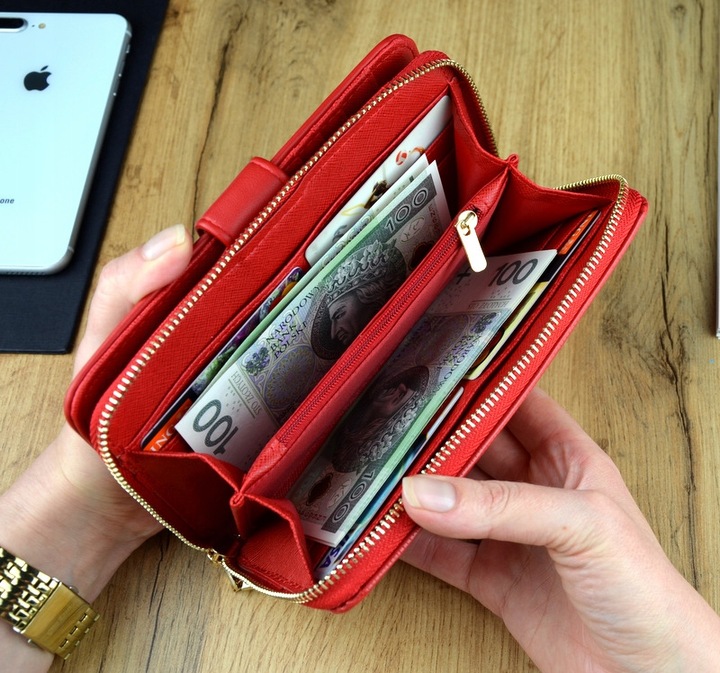 PORTFEL DAMSKI PODWÓJNY Czerwony Organizer Duży stylowy