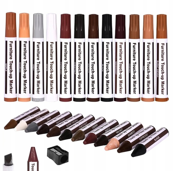 DUŻY ZESTAW DO NAPRAWY MEBLI PANELI DREWNA RYS MARKERY WOSKI 24 SZT