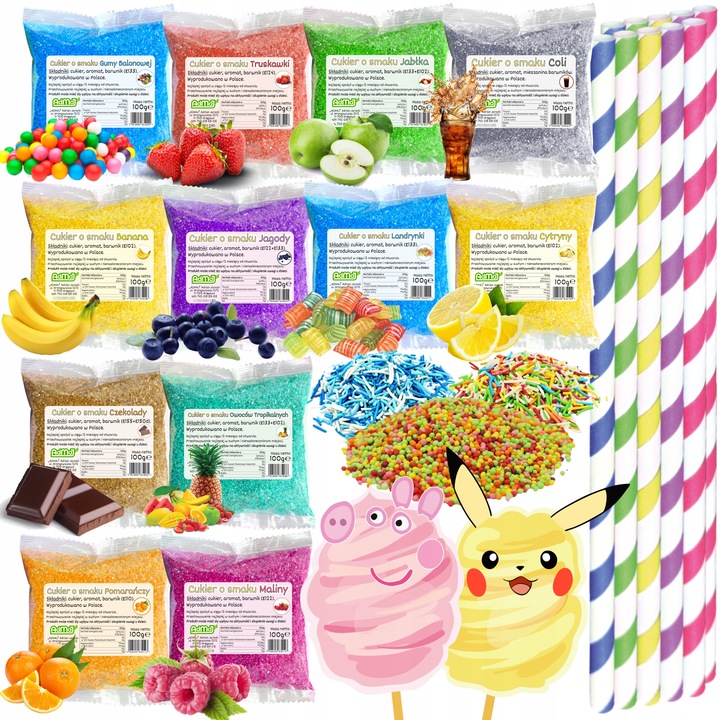 Cukier 12x 100g Kolorowy Do Waty w Saszetkach + Posypki Słomki