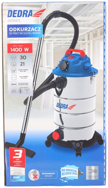 Odkurzacz DEDRA Bezworkowy Sucho Mokro 1400W 30L stal Gniazdo el.