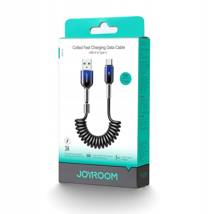 JOYROOM KABEL PRZEWÓD USB DO AUTA CAR PLAY SPIRALNY 3A USB-A/USB-C 1,5m
