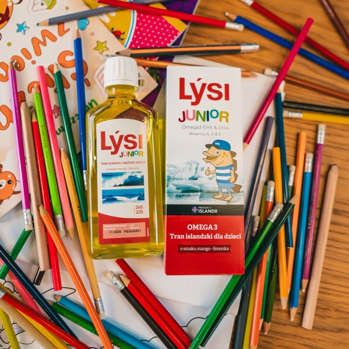 Tran Lýsi dla dzieci mango-limonka OMEGA 3 DHA EPA witaminy A D E 240 ml