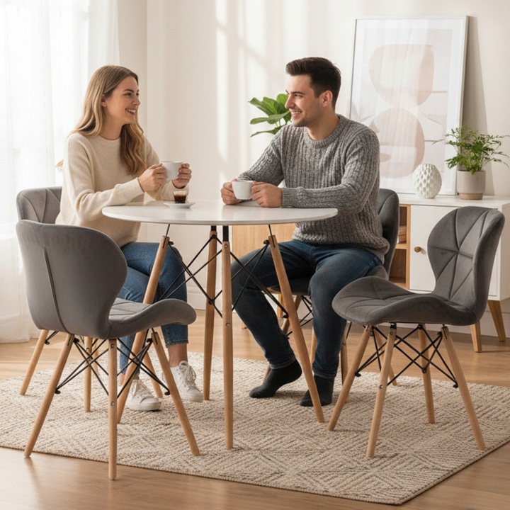 Stół Okrągły Biały Nowoczesny 4 Krzesła Szare Do Salonu Jadalni Kuchni