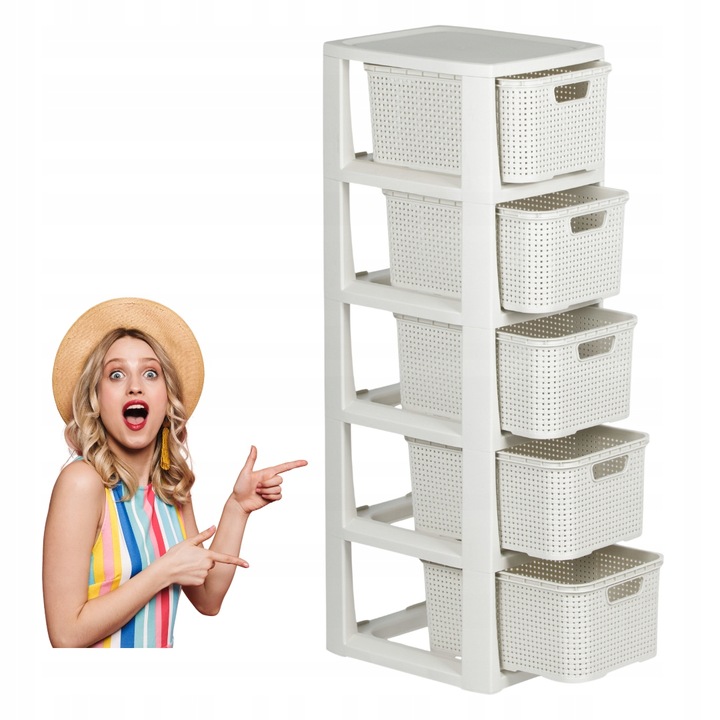 REGAŁ ŁAZIENKOWY BIAŁY SZAFKA 5 PÓŁEK KOMODA ŁAZIENKOWA RATTAN DUŻA