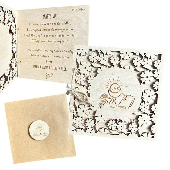 Kartka na Komunię od Chrzestnej Ażurowa Pierwsza Komunia Święta