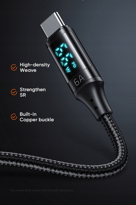 MCDODO KABEL Z WYŚWIETLACZEM USB-C SZYBKIE ŁADOWANIE USB TYP C 5A 66W 1M
