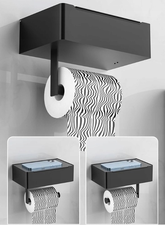 Uchwyt na Papier Toaletowy z Półką Wieszak Czarny POJEMNIK NA CHUSTECZKI WC