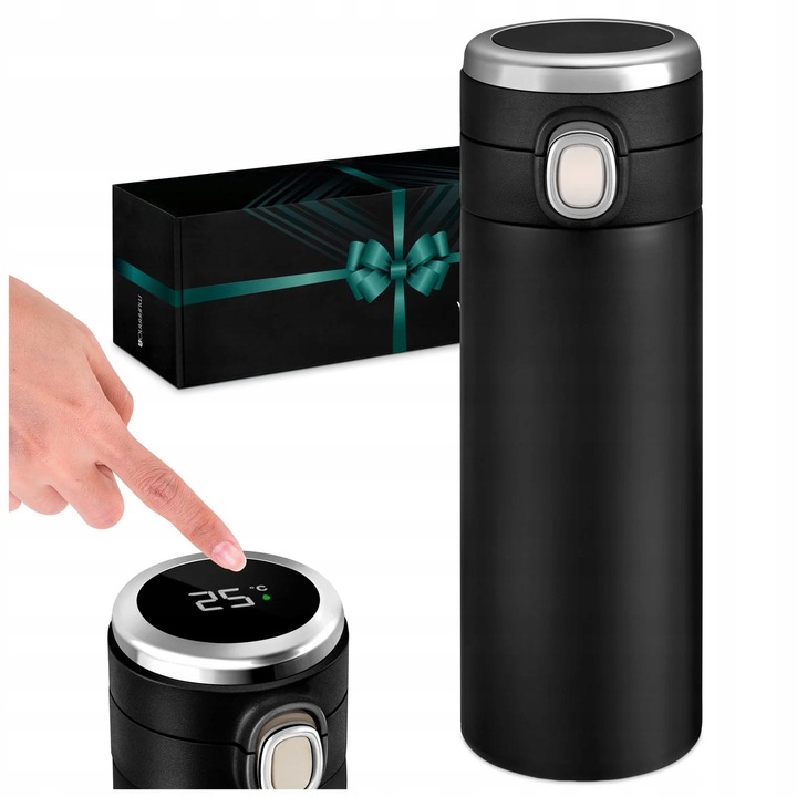 Kubek Termiczny Termos z Ustnikiem Wyświetlaczem LED 400ml Czarny + GRATIS
